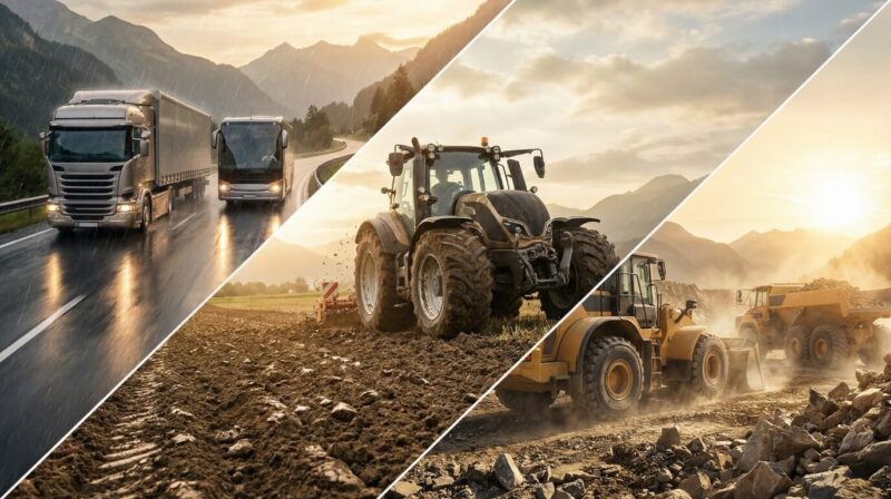Dreiteiliges Motiv: LKW und Bus auf nasser Alpenstraße, Traktor am Feld, Radlader und Kipper auf Baustelle.
